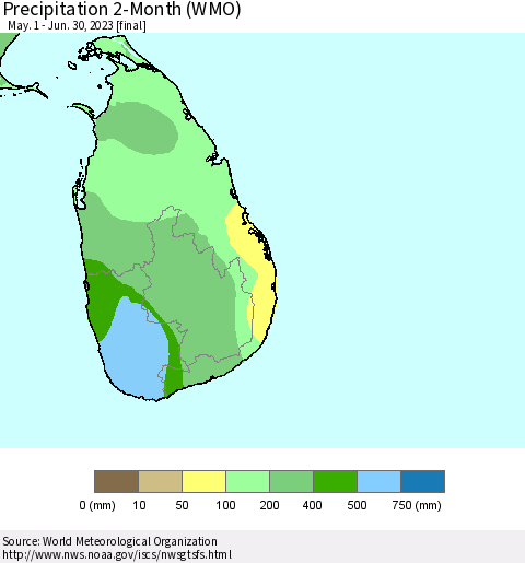 Sri Lanka Precipitation 2-Month (WMO) Thematic Map For 5/1/2023 - 6/30/2023