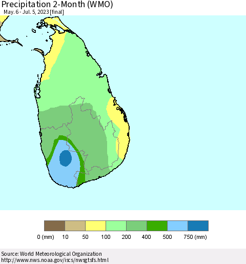 Sri Lanka Precipitation 2-Month (WMO) Thematic Map For 5/6/2023 - 7/5/2023