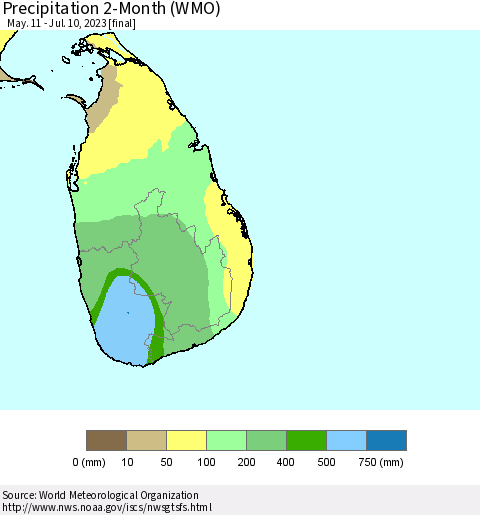 Sri Lanka Precipitation 2-Month (WMO) Thematic Map For 5/11/2023 - 7/10/2023