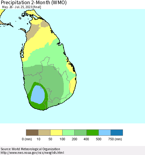 Sri Lanka Precipitation 2-Month (WMO) Thematic Map For 5/26/2023 - 7/25/2023