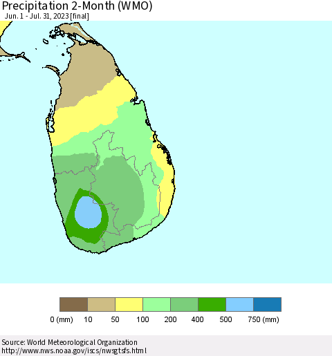 Sri Lanka Precipitation 2-Month (WMO) Thematic Map For 6/1/2023 - 7/31/2023