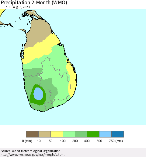 Sri Lanka Precipitation 2-Month (WMO) Thematic Map For 6/6/2023 - 8/5/2023