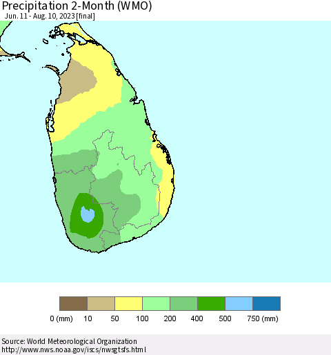 Sri Lanka Precipitation 2-Month (WMO) Thematic Map For 6/11/2023 - 8/10/2023