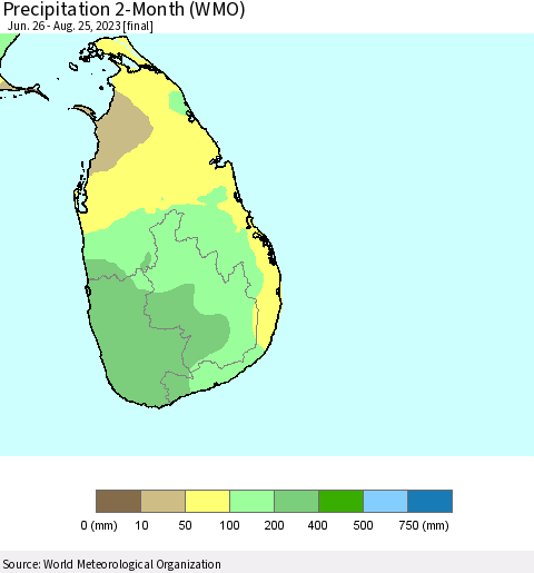 Sri Lanka Precipitation 2-Month (WMO) Thematic Map For 6/26/2023 - 8/25/2023