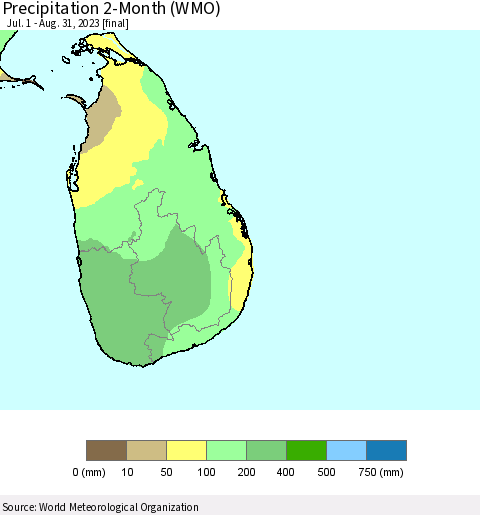 Sri Lanka Precipitation 2-Month (WMO) Thematic Map For 7/1/2023 - 8/31/2023