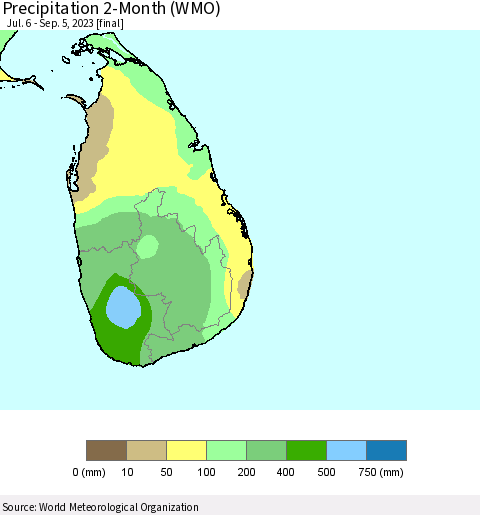 Sri Lanka Precipitation 2-Month (WMO) Thematic Map For 7/6/2023 - 9/5/2023