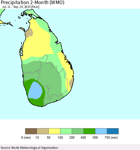 Sri Lanka Precipitation 2-Month (WMO) Thematic Map For 7/11/2023 - 9/10/2023