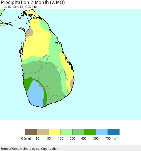 Sri Lanka Precipitation 2-Month (WMO) Thematic Map For 7/16/2023 - 9/15/2023