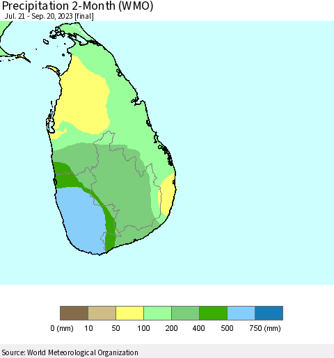 Sri Lanka Precipitation 2-Month (WMO) Thematic Map For 7/21/2023 - 9/20/2023