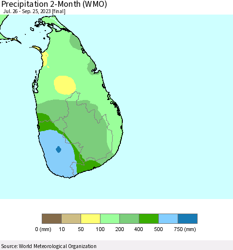 Sri Lanka Precipitation 2-Month (WMO) Thematic Map For 7/26/2023 - 9/25/2023