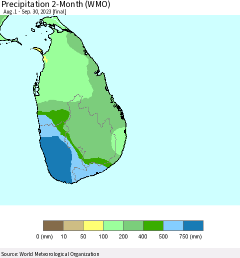 Sri Lanka Precipitation 2-Month (WMO) Thematic Map For 8/1/2023 - 9/30/2023