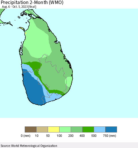 Sri Lanka Precipitation 2-Month (WMO) Thematic Map For 8/6/2023 - 10/5/2023