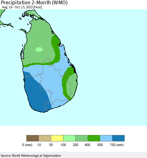 Sri Lanka Precipitation 2-Month (WMO) Thematic Map For 8/16/2023 - 10/15/2023