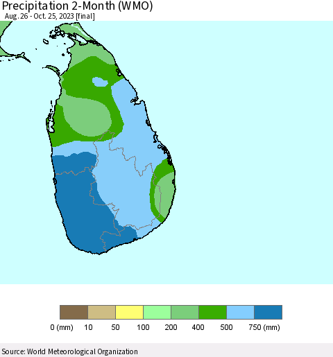 Sri Lanka Precipitation 2-Month (WMO) Thematic Map For 8/26/2023 - 10/25/2023