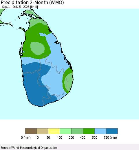 Sri Lanka Precipitation 2-Month (WMO) Thematic Map For 9/1/2023 - 10/31/2023