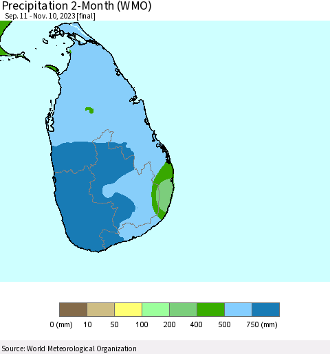 Sri Lanka Precipitation 2-Month (WMO) Thematic Map For 9/11/2023 - 11/10/2023