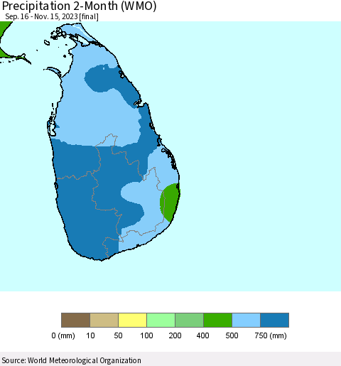 Sri Lanka Precipitation 2-Month (WMO) Thematic Map For 9/16/2023 - 11/15/2023