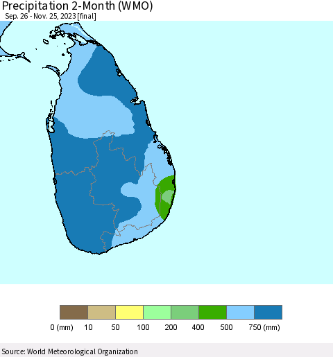 Sri Lanka Precipitation 2-Month (WMO) Thematic Map For 9/26/2023 - 11/25/2023