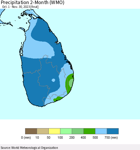 Sri Lanka Precipitation 2-Month (WMO) Thematic Map For 10/1/2023 - 11/30/2023
