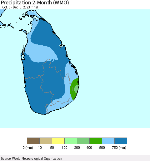 Sri Lanka Precipitation 2-Month (WMO) Thematic Map For 10/6/2023 - 12/5/2023