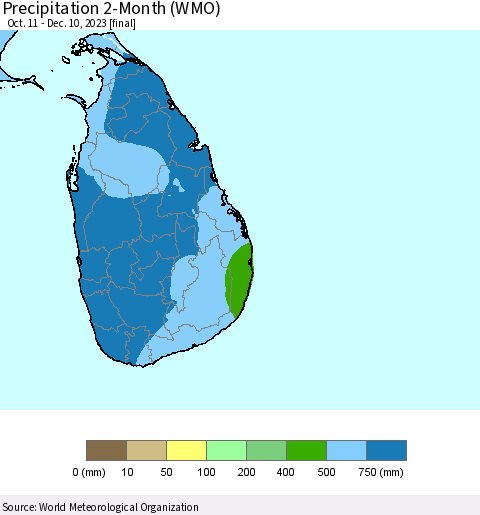 Sri Lanka Precipitation 2-Month (WMO) Thematic Map For 10/11/2023 - 12/10/2023