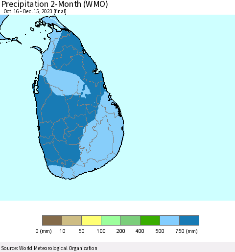 Sri Lanka Precipitation 2-Month (WMO) Thematic Map For 10/16/2023 - 12/15/2023