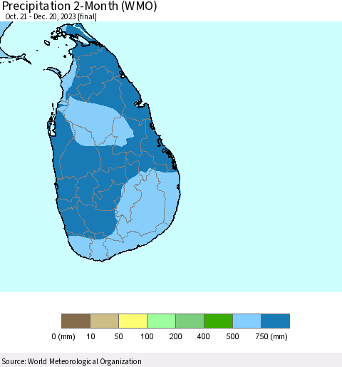 Sri Lanka Precipitation 2-Month (WMO) Thematic Map For 10/21/2023 - 12/20/2023