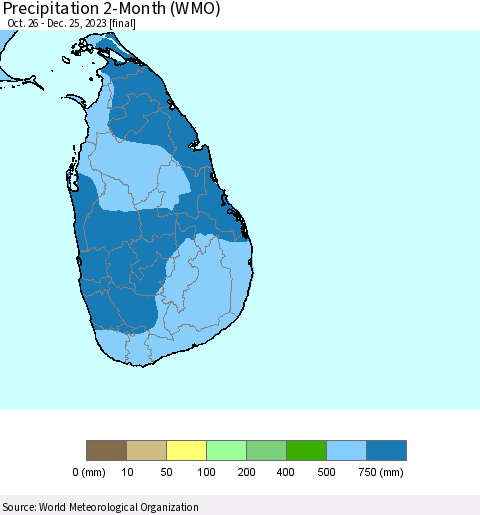 Sri Lanka Precipitation 2-Month (WMO) Thematic Map For 10/26/2023 - 12/25/2023