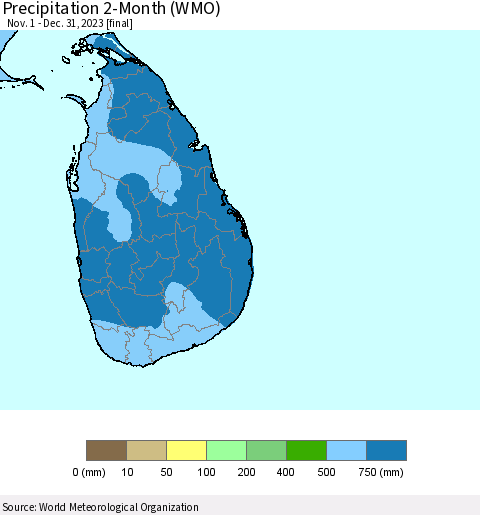 Sri Lanka Precipitation 2-Month (WMO) Thematic Map For 11/1/2023 - 12/31/2023
