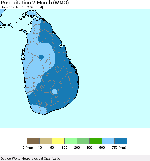 Sri Lanka Precipitation 2-Month (WMO) Thematic Map For 11/11/2023 - 1/10/2024