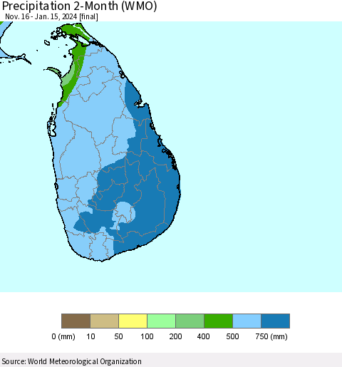 Sri Lanka Precipitation 2-Month (WMO) Thematic Map For 11/16/2023 - 1/15/2024