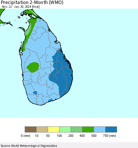 Sri Lanka Precipitation 2-Month (WMO) Thematic Map For 11/21/2023 - 1/20/2024