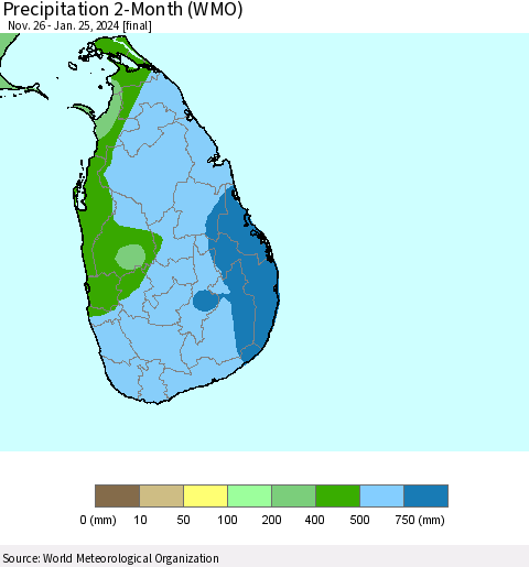 Sri Lanka Precipitation 2-Month (WMO) Thematic Map For 11/26/2023 - 1/25/2024