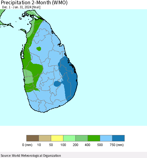 Sri Lanka Precipitation 2-Month (WMO) Thematic Map For 12/1/2023 - 1/31/2024
