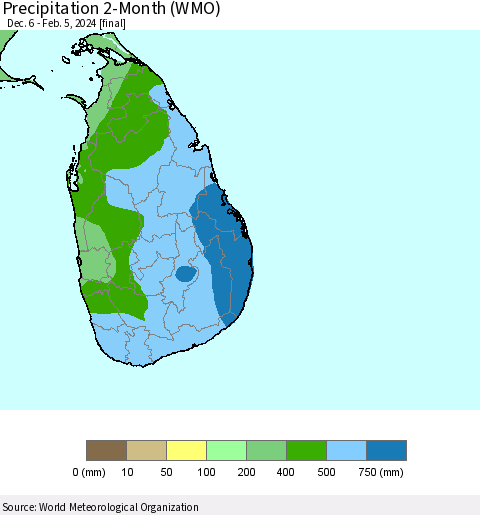 Sri Lanka Precipitation 2-Month (WMO) Thematic Map For 12/6/2023 - 2/5/2024