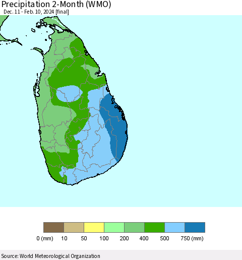 Sri Lanka Precipitation 2-Month (WMO) Thematic Map For 12/11/2023 - 2/10/2024