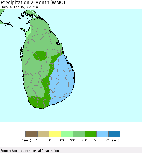 Sri Lanka Precipitation 2-Month (WMO) Thematic Map For 12/16/2023 - 2/15/2024