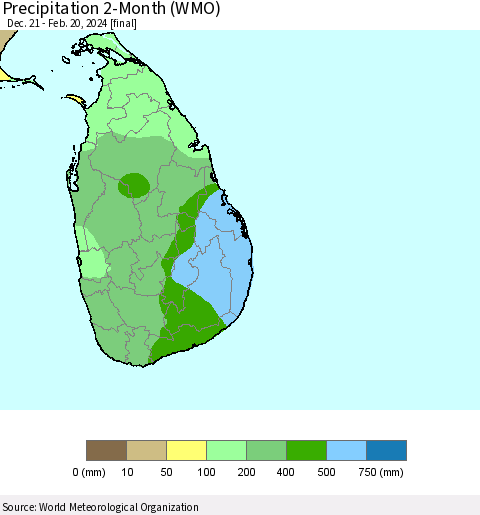 Sri Lanka Precipitation 2-Month (WMO) Thematic Map For 12/21/2023 - 2/20/2024