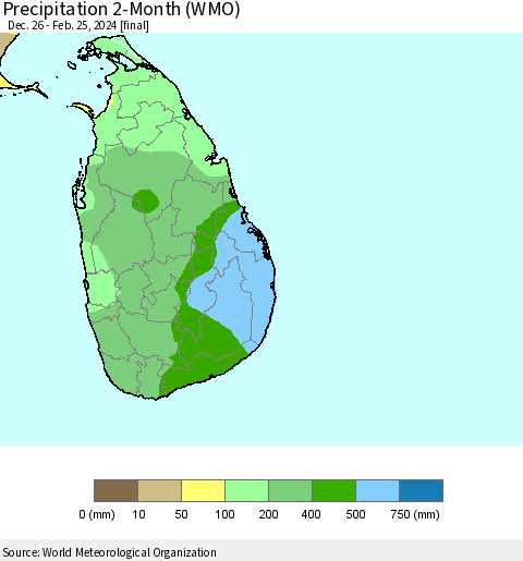 Sri Lanka Precipitation 2-Month (WMO) Thematic Map For 12/26/2023 - 2/25/2024