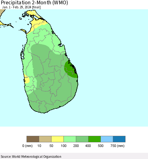 Sri Lanka Precipitation 2-Month (WMO) Thematic Map For 1/1/2024 - 2/29/2024