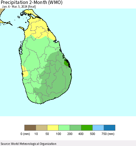 Sri Lanka Precipitation 2-Month (WMO) Thematic Map For 1/6/2024 - 3/5/2024
