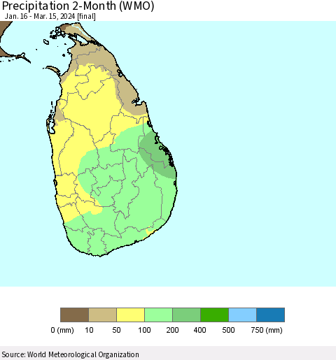 Sri Lanka Precipitation 2-Month (WMO) Thematic Map For 1/16/2024 - 3/15/2024