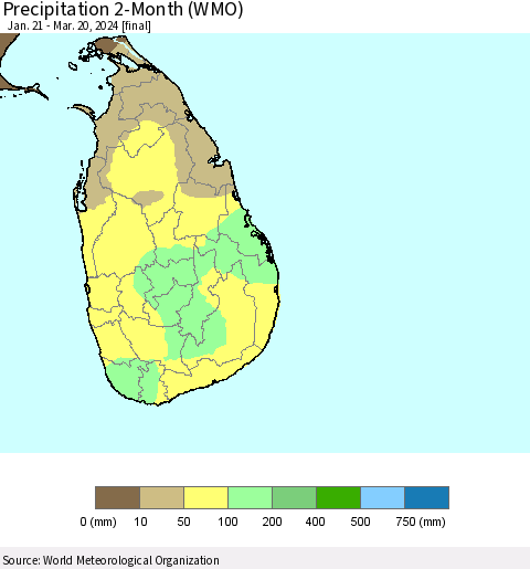 Sri Lanka Precipitation 2-Month (WMO) Thematic Map For 1/21/2024 - 3/20/2024