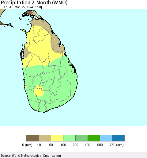 Sri Lanka Precipitation 2-Month (WMO) Thematic Map For 1/26/2024 - 3/25/2024