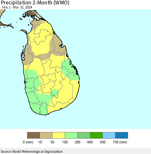 Sri Lanka Precipitation 2-Month (WMO) Thematic Map For 2/1/2024 - 3/31/2024