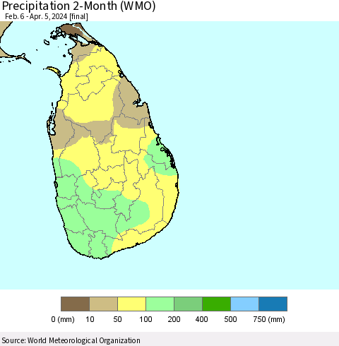 Sri Lanka Precipitation 2-Month (WMO) Thematic Map For 2/6/2024 - 4/5/2024