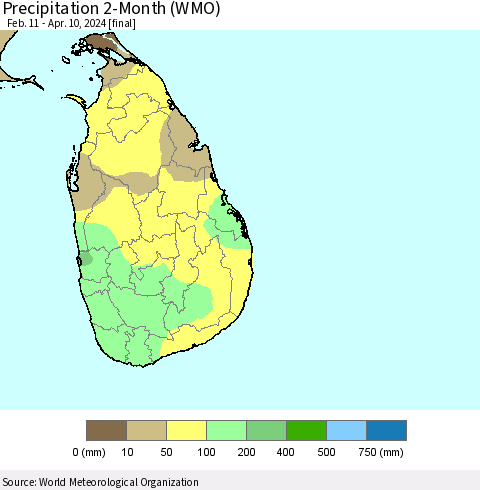 Sri Lanka Precipitation 2-Month (WMO) Thematic Map For 2/11/2024 - 4/10/2024