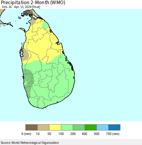 Sri Lanka Precipitation 2-Month (WMO) Thematic Map For 2/16/2024 - 4/15/2024