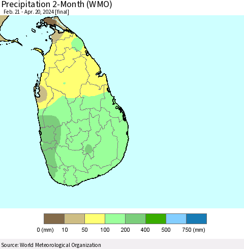 Sri Lanka Precipitation 2-Month (WMO) Thematic Map For 2/21/2024 - 4/20/2024