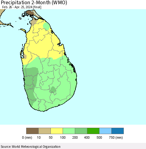 Sri Lanka Precipitation 2-Month (WMO) Thematic Map For 2/26/2024 - 4/25/2024